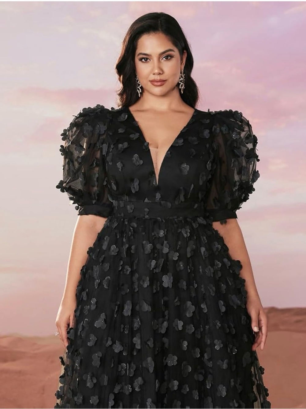NWT adorable Black Floral Appliqué Puff-Sleeve formal dress XL - Picture 2 of 11